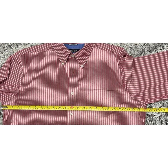 NAUTICA Button Down Shirt Large Classic Fit Red Pin Stripe Long Sleeve Collared - Picture 5 of 6